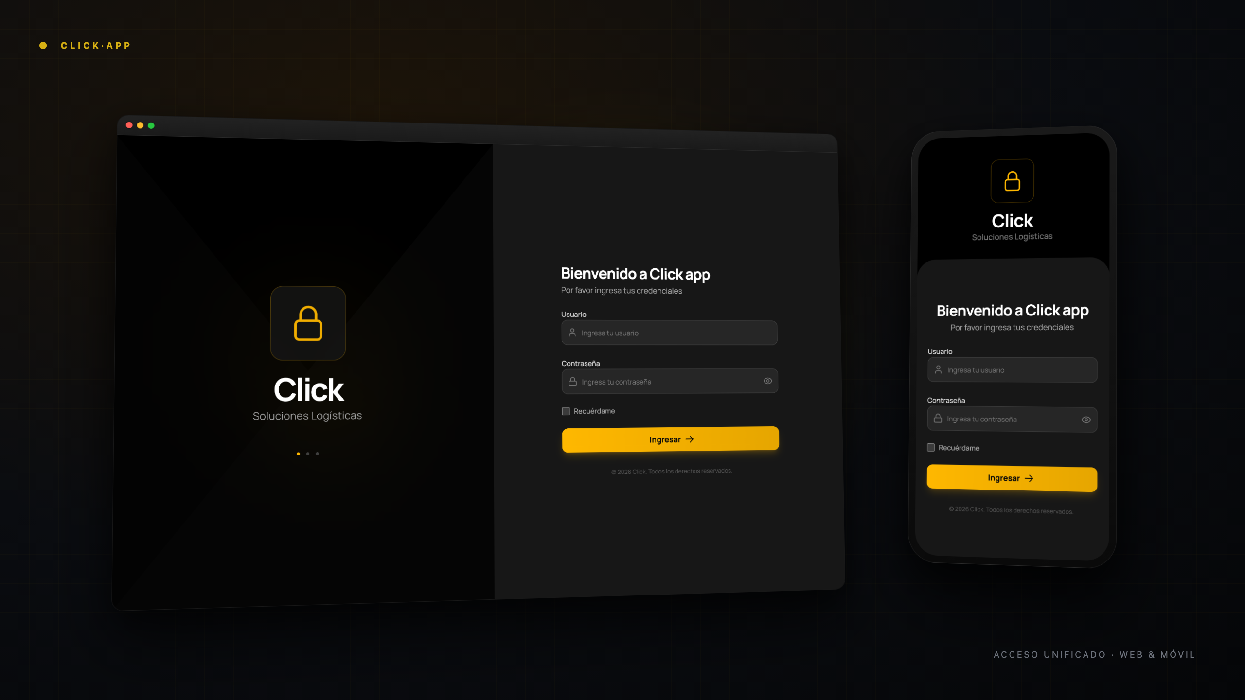 Click — pantalla de login (web + móvil)