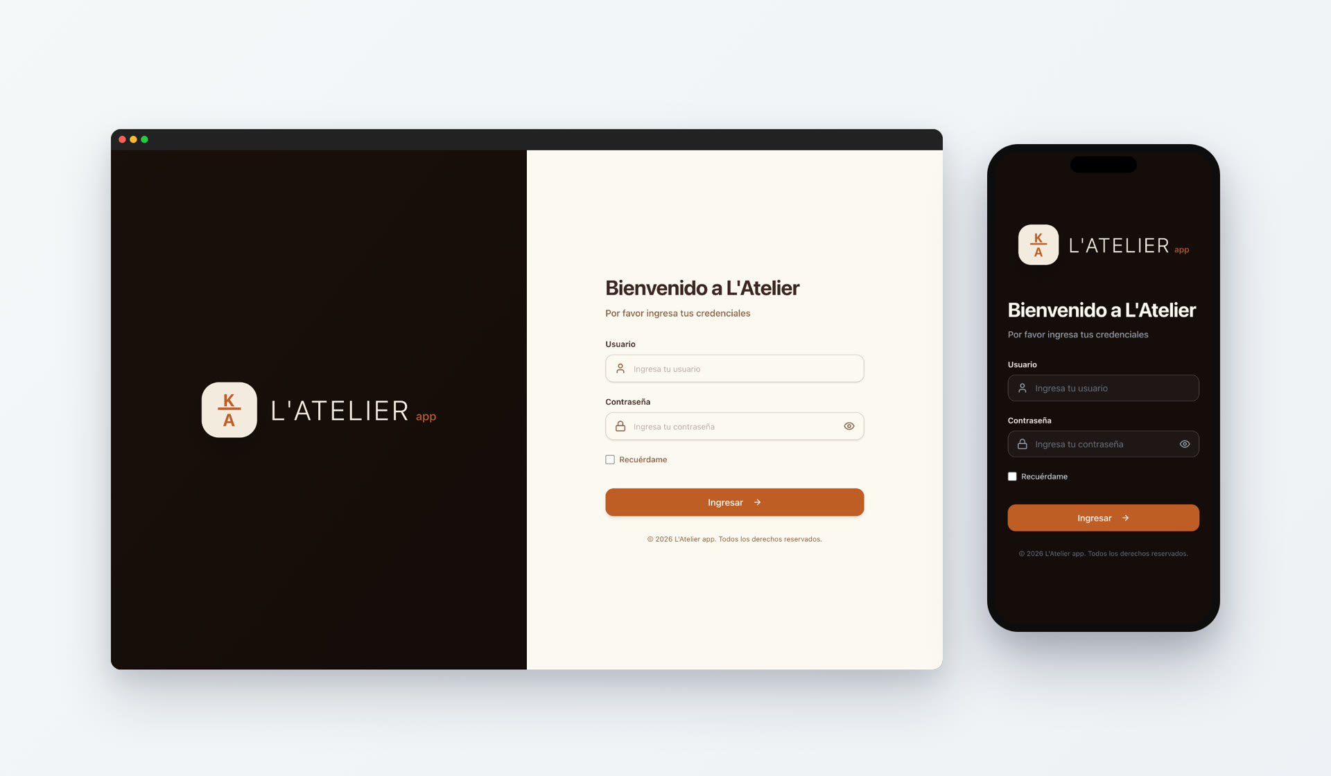 Login de L'Atelier app — vista web y móvil