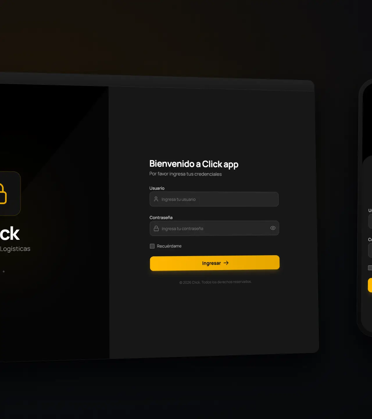 Click — pantalla de login (web + móvil)