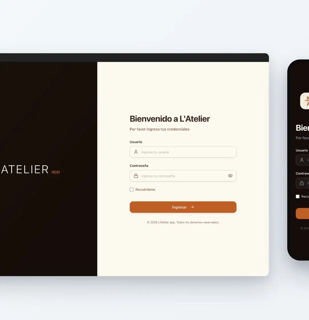 Login de L'Atelier app — vista web y móvil